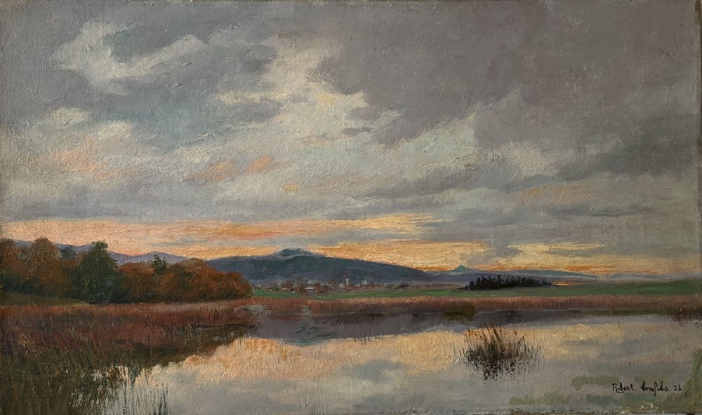 An antique landscape oil painting depicting a calm lake reflection, marshland reeds, distant mountains, and a moody cloudy sky at sunset.