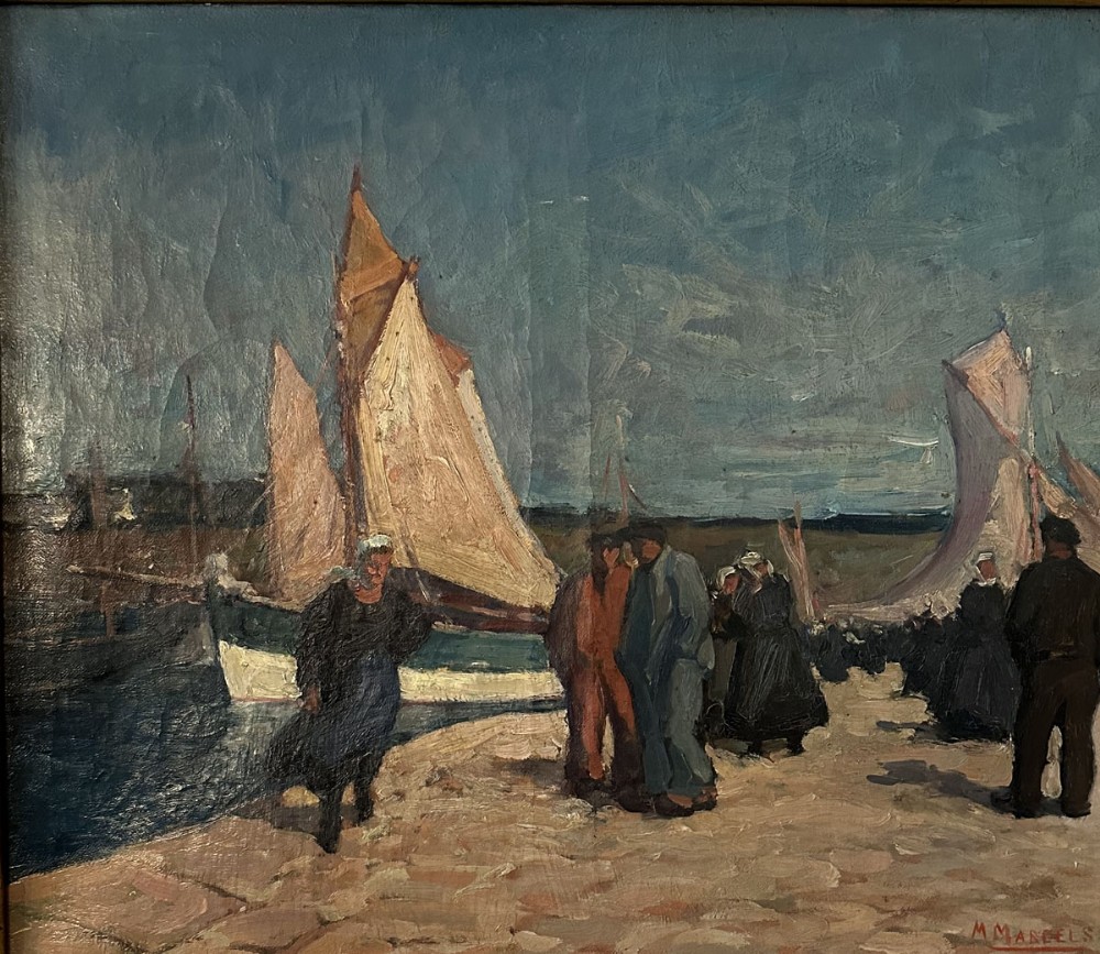 An oil painting depicting a harbour scene with sailboats and figures standing on a stone quay under a cloudy sky.