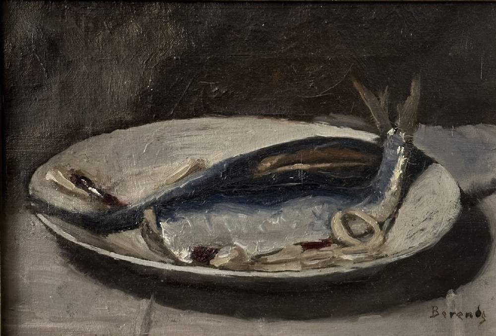 Mackerel on a Plate - Antique Oil Painting
