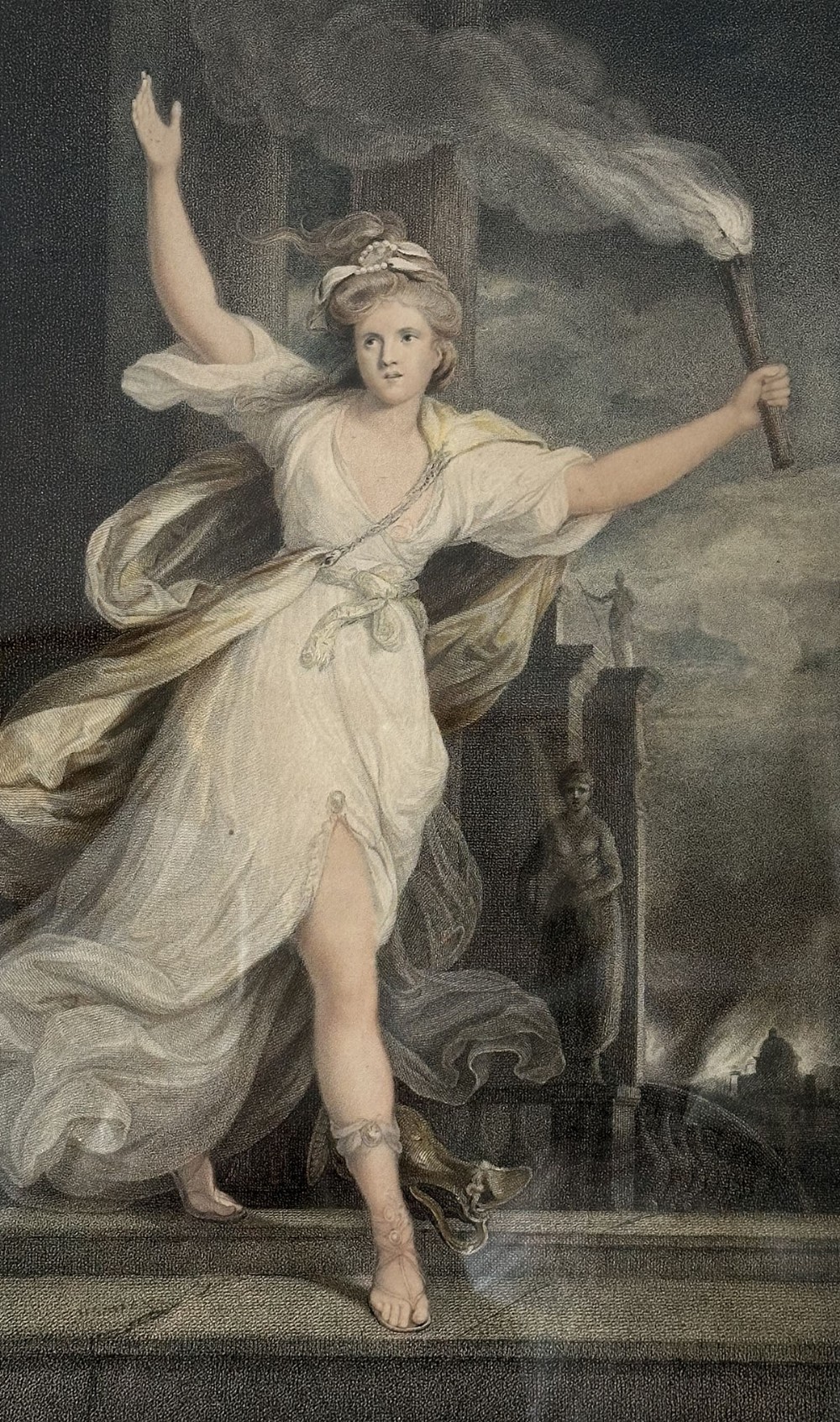 An antique Neoclassical engraving depicting the classical figure Thais in flowing drapery holding a burning torch.