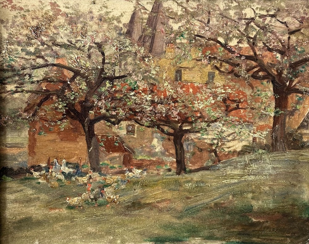 Chickens in and Orchard - Antique Oil Painting