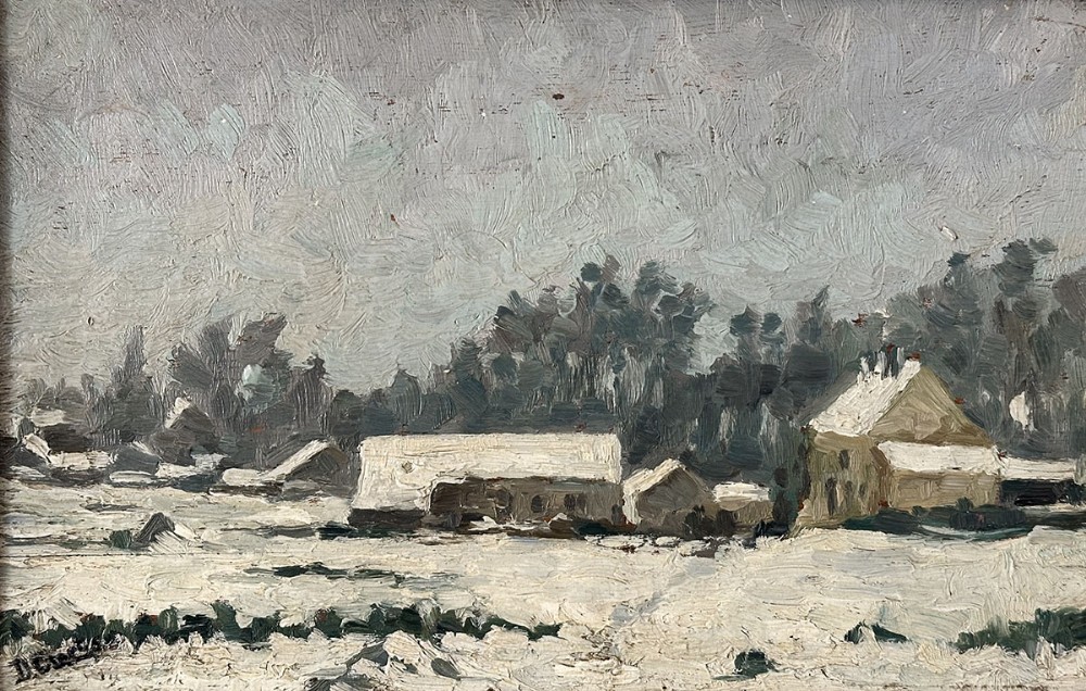 View of a Farm In Winter - Antique Oil Painting