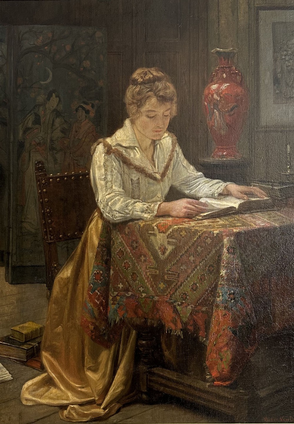 Portrait of a Lady Reading - Antique Oil Painting