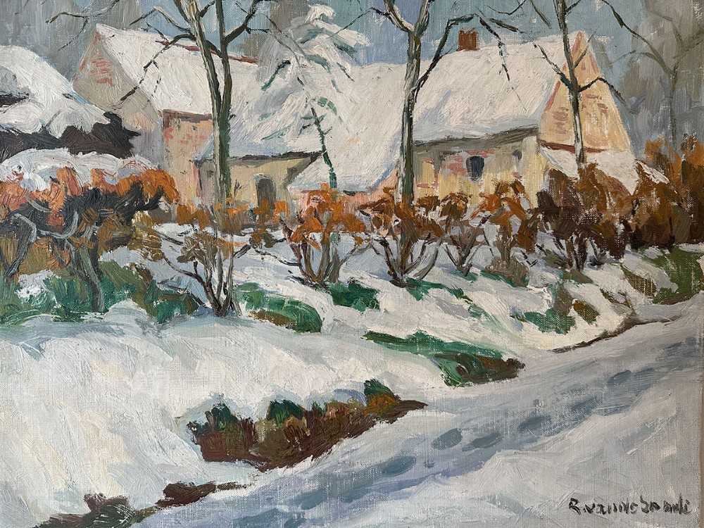 An impressionist oil painting on canvas depicting snow-covered houses behind bare trees and bushes in winter tones.