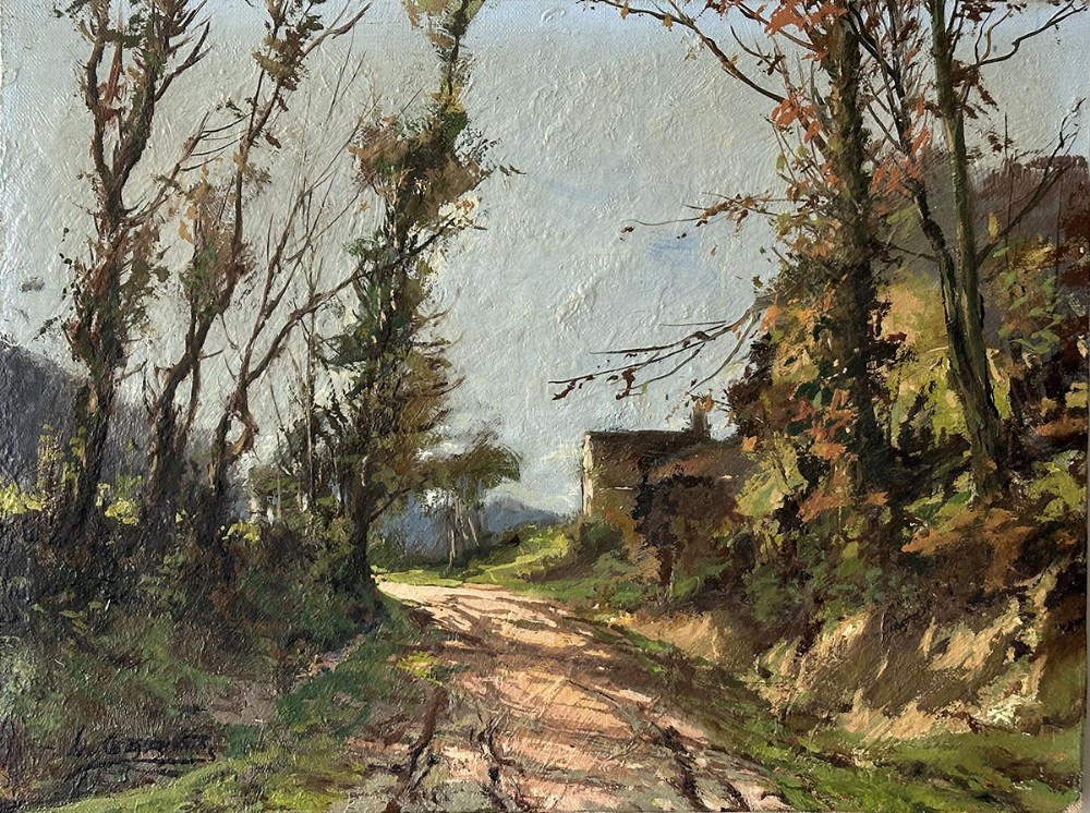 House on a Country Lane - Antique Oil Painting
