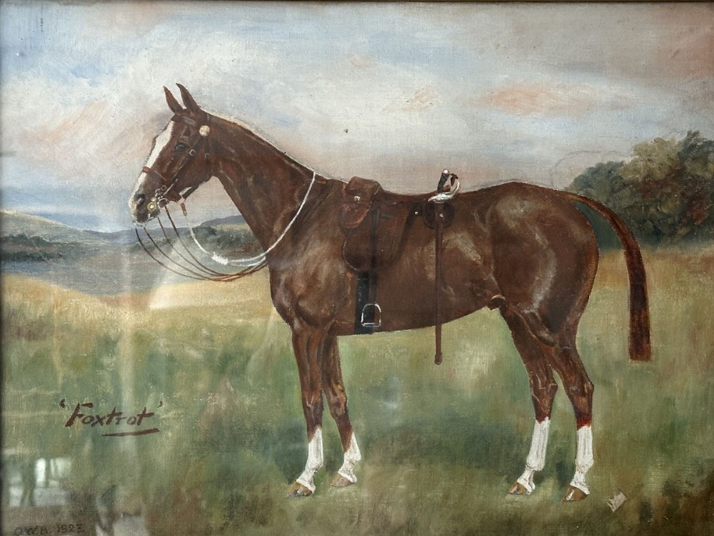 Chestnut Military Horse - Antique Oil Painting