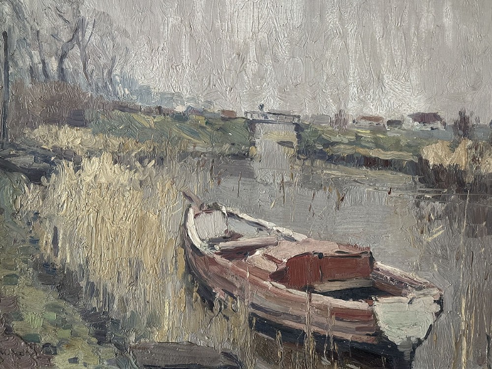 An impressionist oil painting depicting a wooden boat moored alongside reed beds on a grey riverbank.