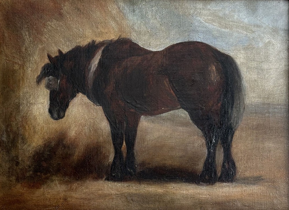 Brown Working Pony - Antique Oil Painting