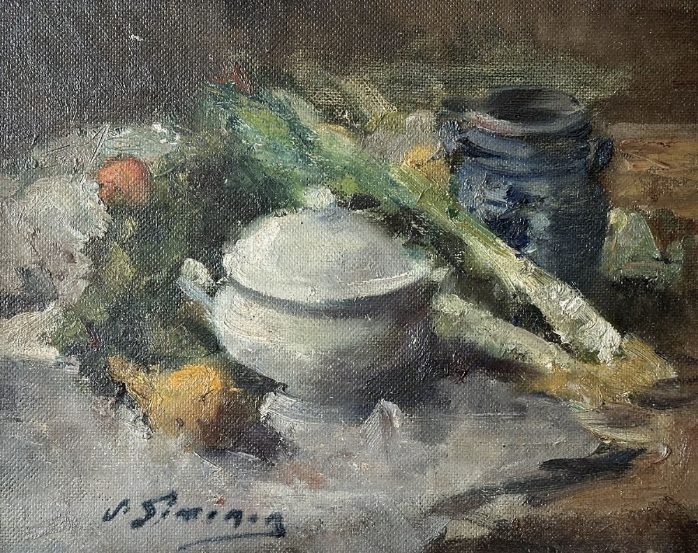 An antique oil painting on canvas depicting a kitchen still life with a white ceramic tureen, leeks, and a blue pot against an earthy brown background.