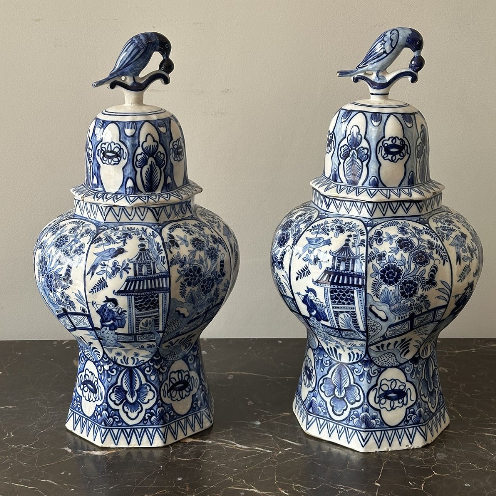 Pair of Delft Vases with Covers