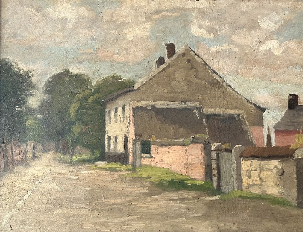 An antique oil painting depicting a rural house along a dirt road with mature trees under a cloudy grey sky.