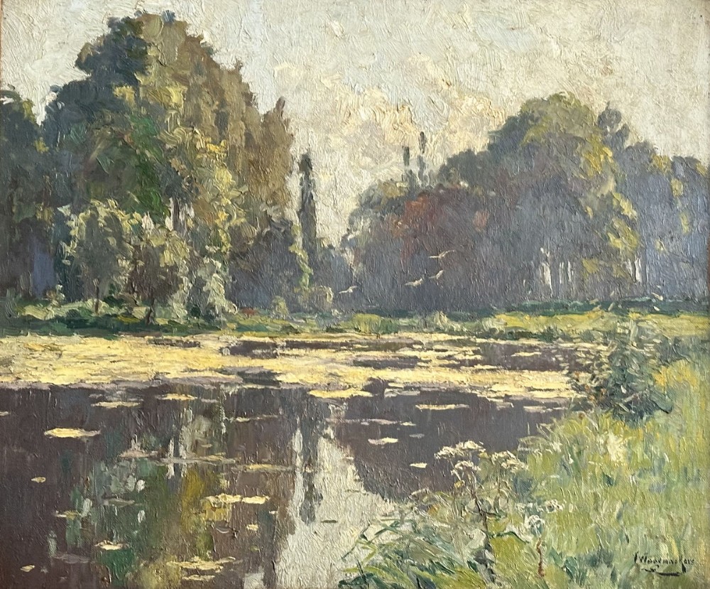 An oil painting depicting a calm lake bordered by dense trees and vegetation under a muted sky, rendered with textured brushwork.