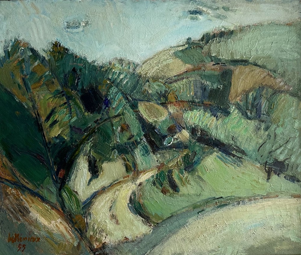 A mid-century French oil painting depicting rolling green hills and a winding path under a pale blue sky.