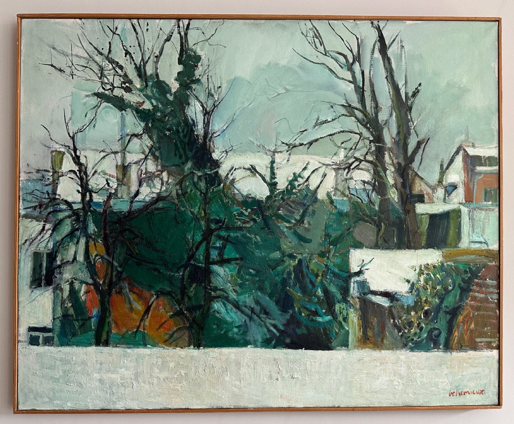 An oil painting featuring bare winter trees framing a view of rooftops and buildings in a palette of grey, green, and white. View II