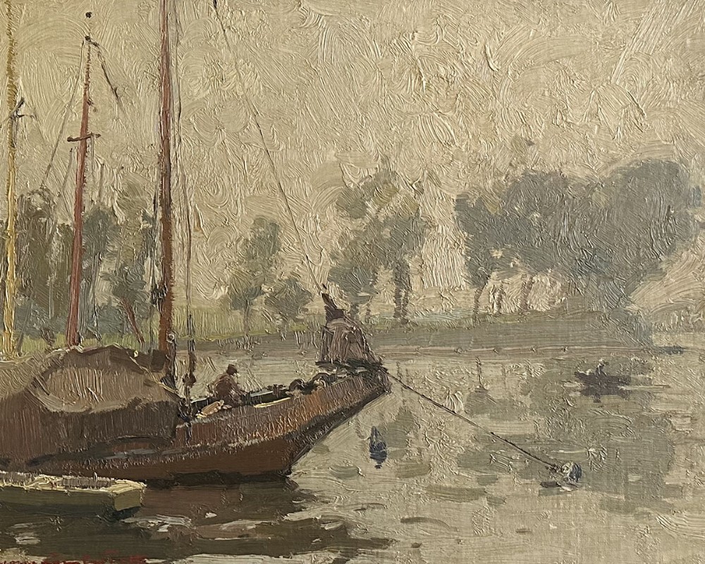 An antique impressionist oil painting displaying a barge with tall masts resting on calm water rendered in thick impasto and earthy neutral tones.