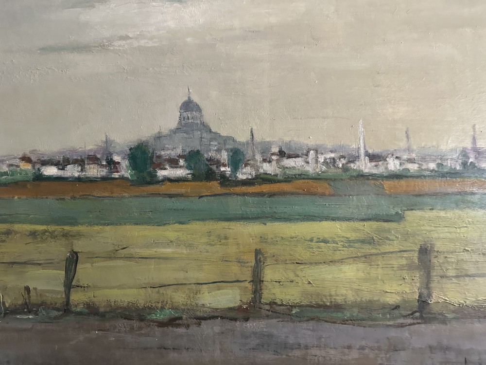 An oil painting depicting a muted green landscape with a fence in the foreground leading towards a distant city skyline with a large dome.