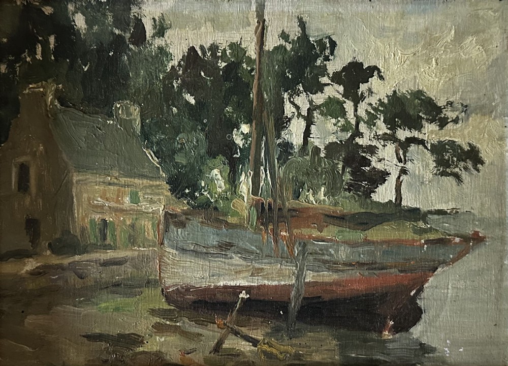 Boat on a Riverbank - Antique Oil Painting
