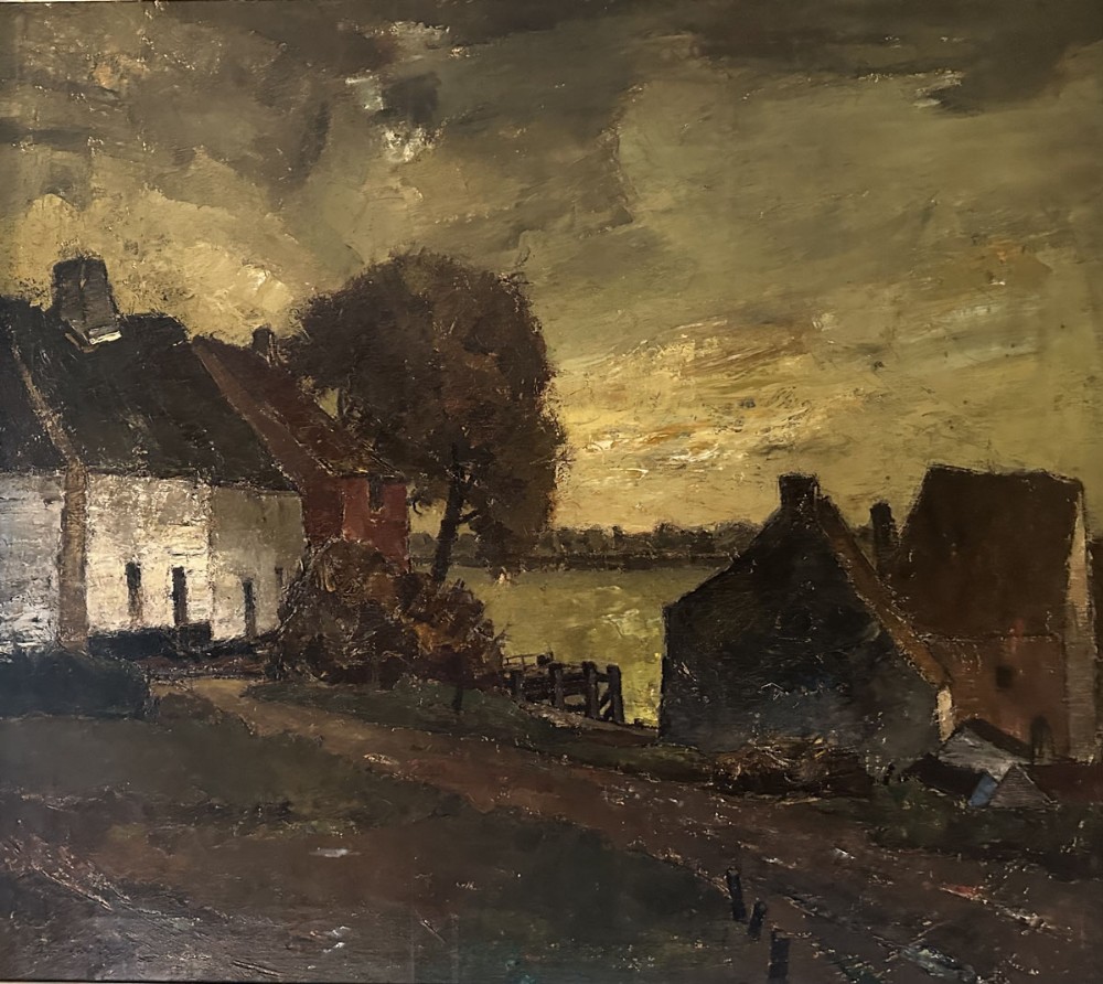 Cottages by a River at Dusk - Antique Oil Painting