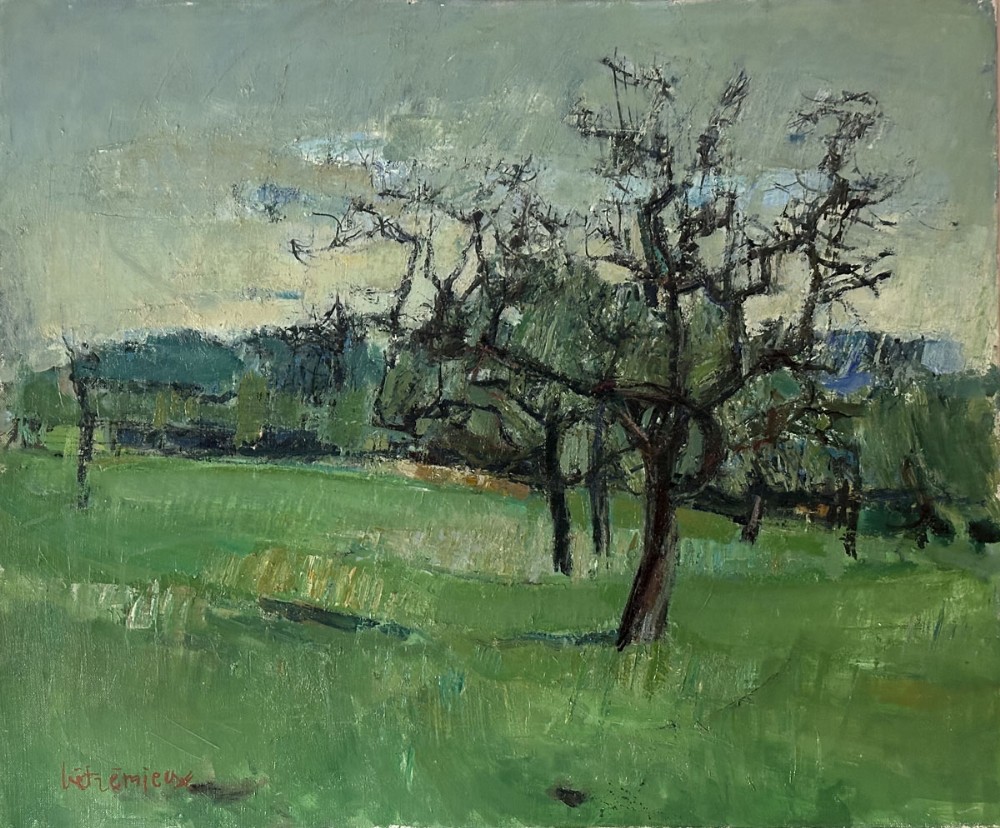 An antique oil painting depicting bare orchard trees set against a green field under a muted grey sky.