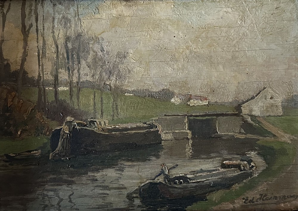 Canal Boats - Antique Oil Painting