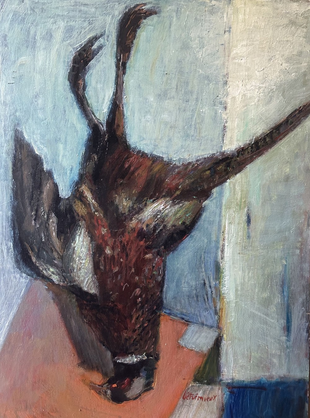 An expressionist oil painting depicting a suspended pheasant rendered in textured brown, terracotta, and grey tones.