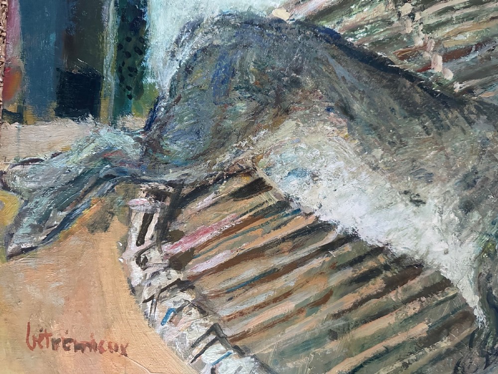 An oil painting depicting a rabbit positioned inside a woven basket on a neutral background. View III