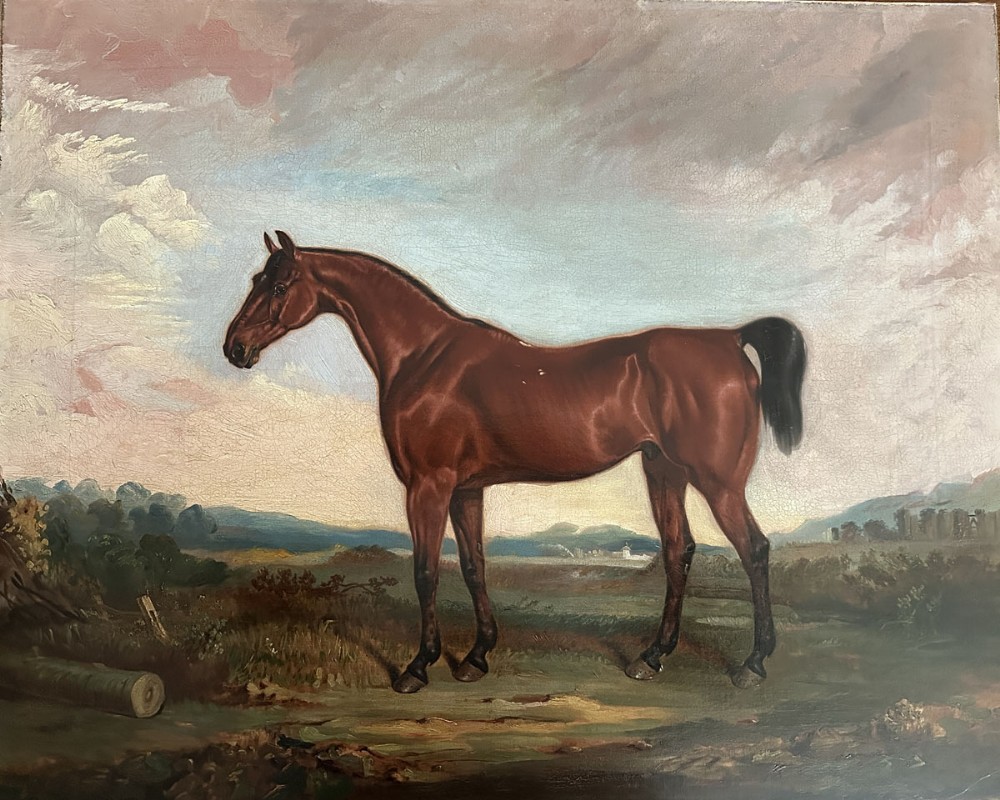 An antique oil painting depicting a side profile view of a light bay horse standing in a rural landscape under an atmospheric sky.