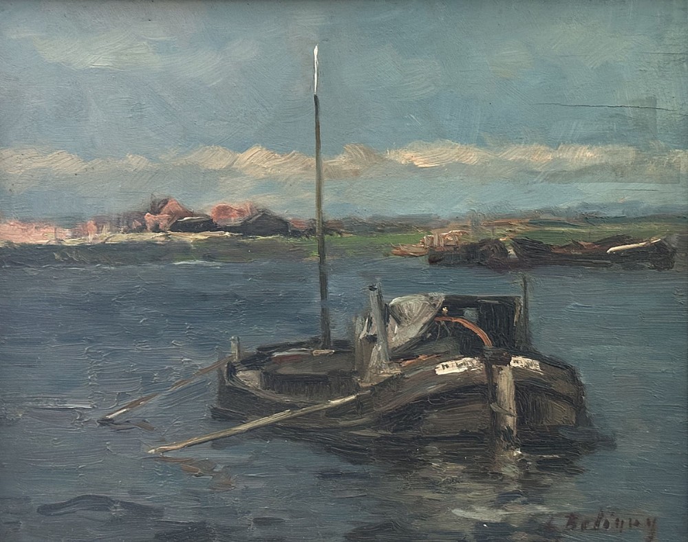 An antique oil painting depicting a small fishing boat anchored on calm slate blue water under a cloudy sky.