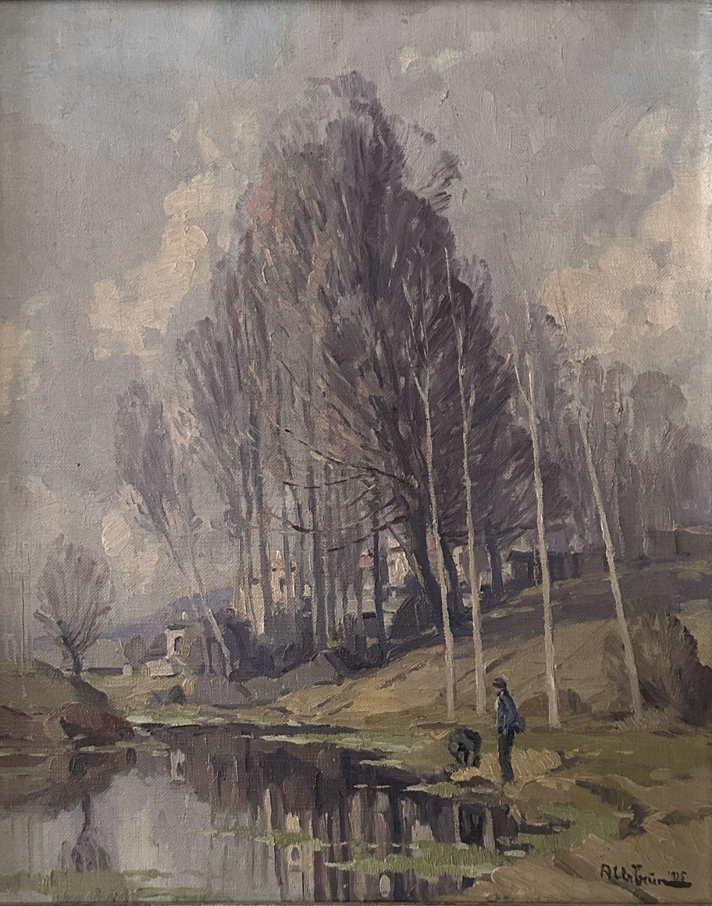 An antique oil painting depicting tall poplar trees alongside a reflective river with figures standing on the grassy bank under a cloudy sky.