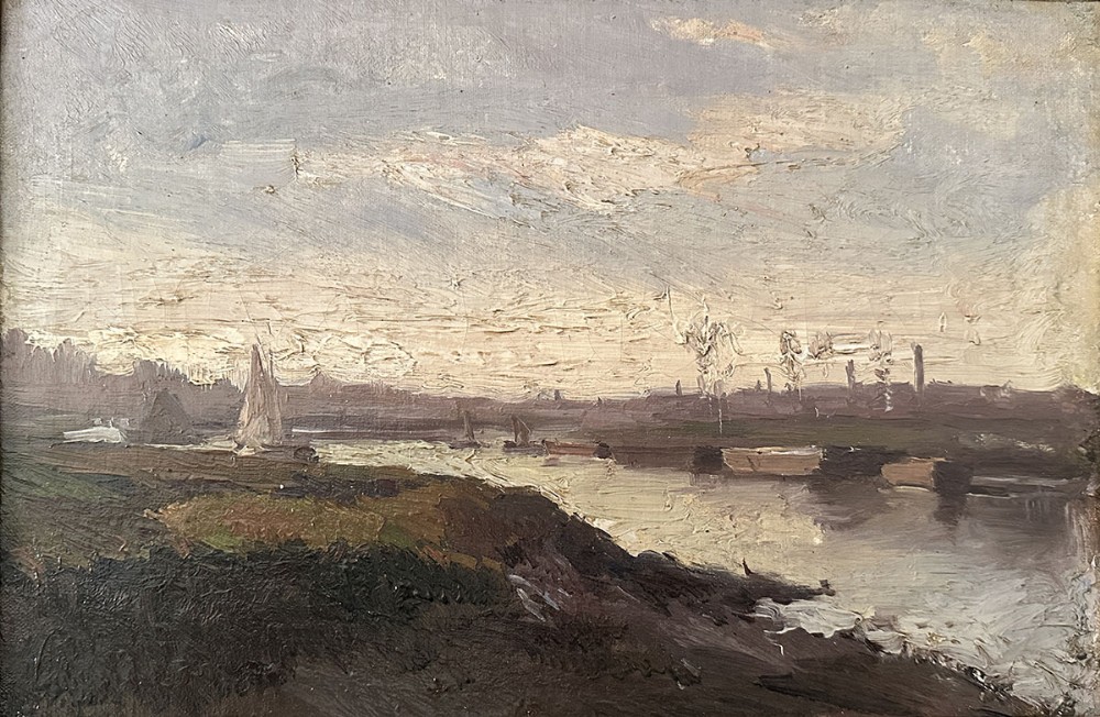 An antique impressionist oil painting depicting a river scene with boats under a cloudy grey sky, rendered in textured impasto brushstrokes.
