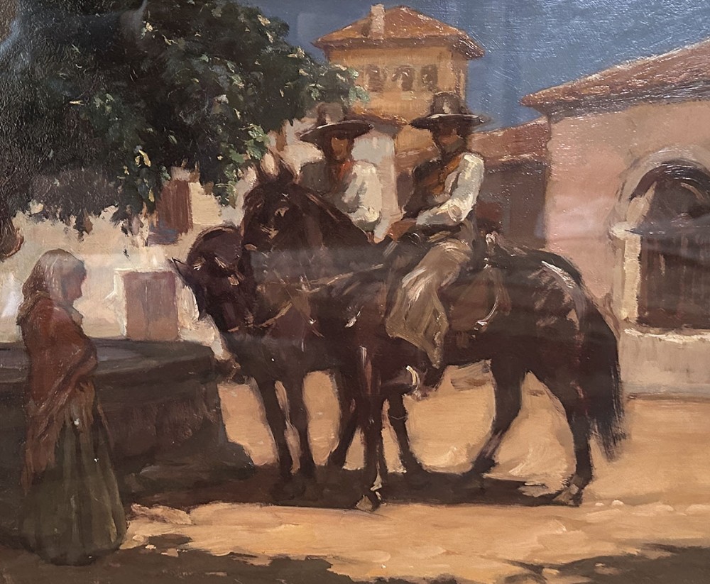 An antique oil painting depicting two horsemen wearing broad hats on dark horses beside a woman in a shawl, set against traditional Spanish architecture.