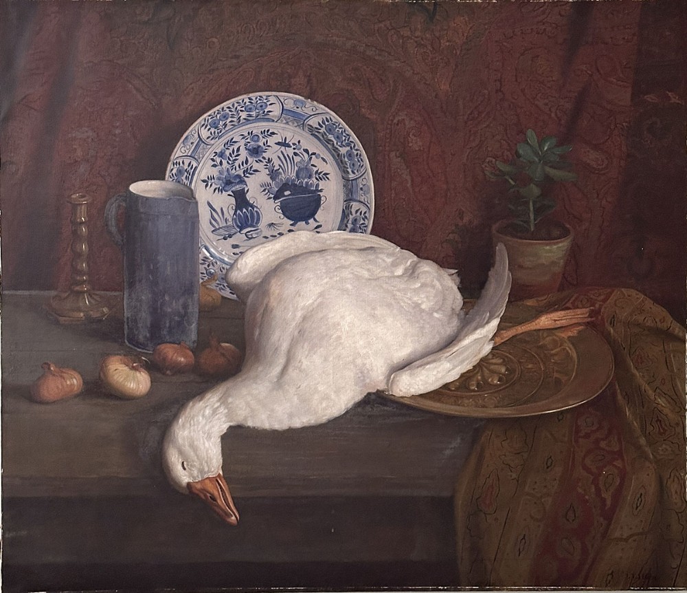 Goose on a Table - Antique Oil Painting