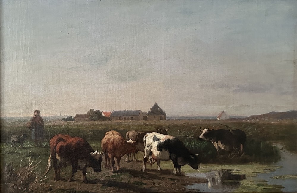 An antique oil painting depicting cattle grazing beside a stream with farm buildings and a figure under a pale sky.