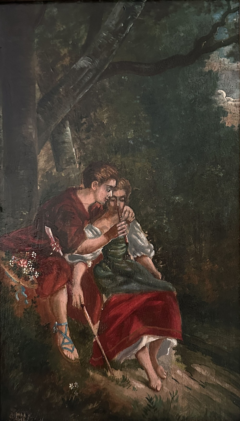 Playing the Flute - Antique Oil Painting