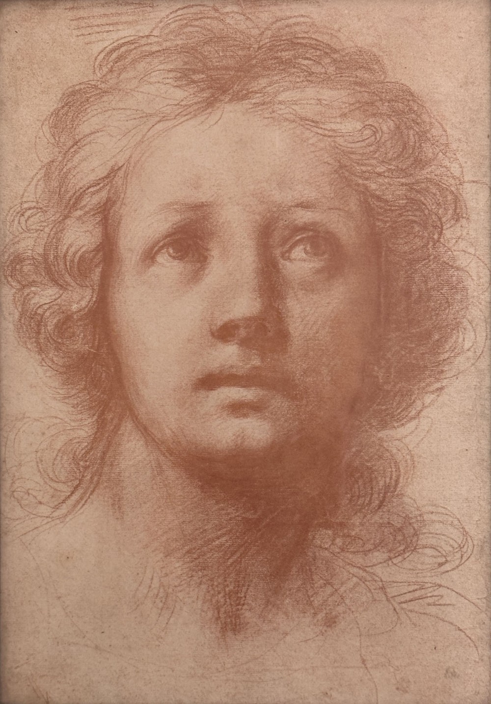 A classical red chalk sanguine drawing depicting the portrait study of a young woman looking upward with soft curly hair.