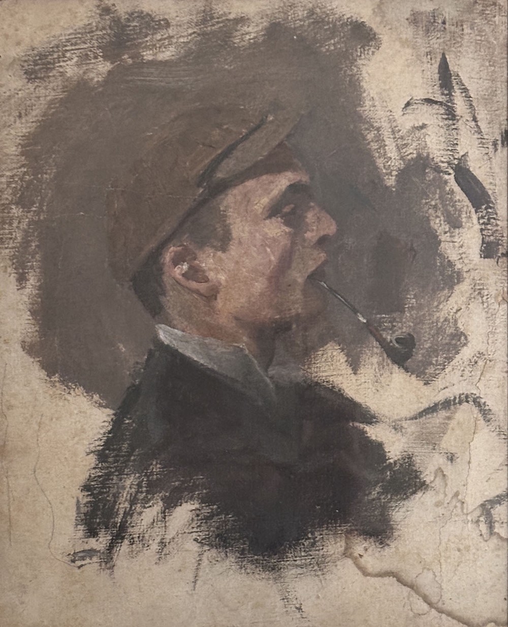 A profile portrait painting of a man wearing a flat cap and smoking a pipe, rendered in muted brown and grey oil paint on card.