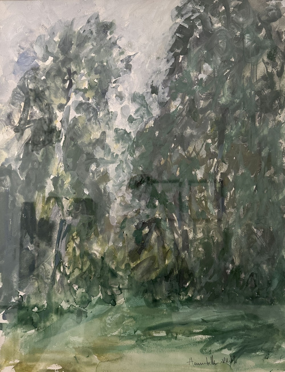 An impressionistic antique watercolour painting depicting a dense woodland scene in muted green and grey tones.