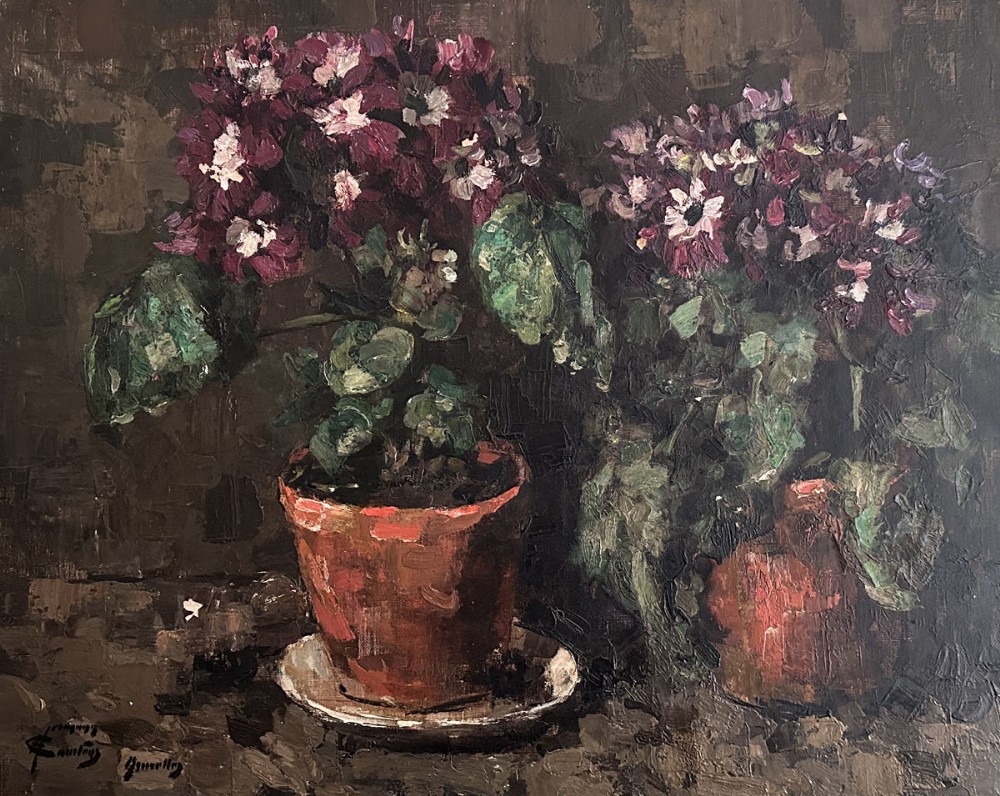 An oil painting depicting two potted plants with purple flowers in terracotta pots set against a dark brown textured background.
