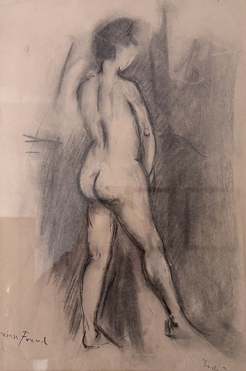 A monochrome charcoal drawing on paper depicting a standing female nude figure viewed from the rear.