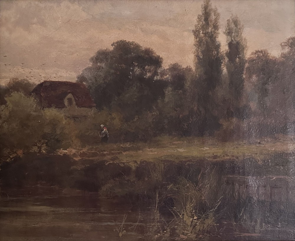 House by a River - Antique Oil Painting