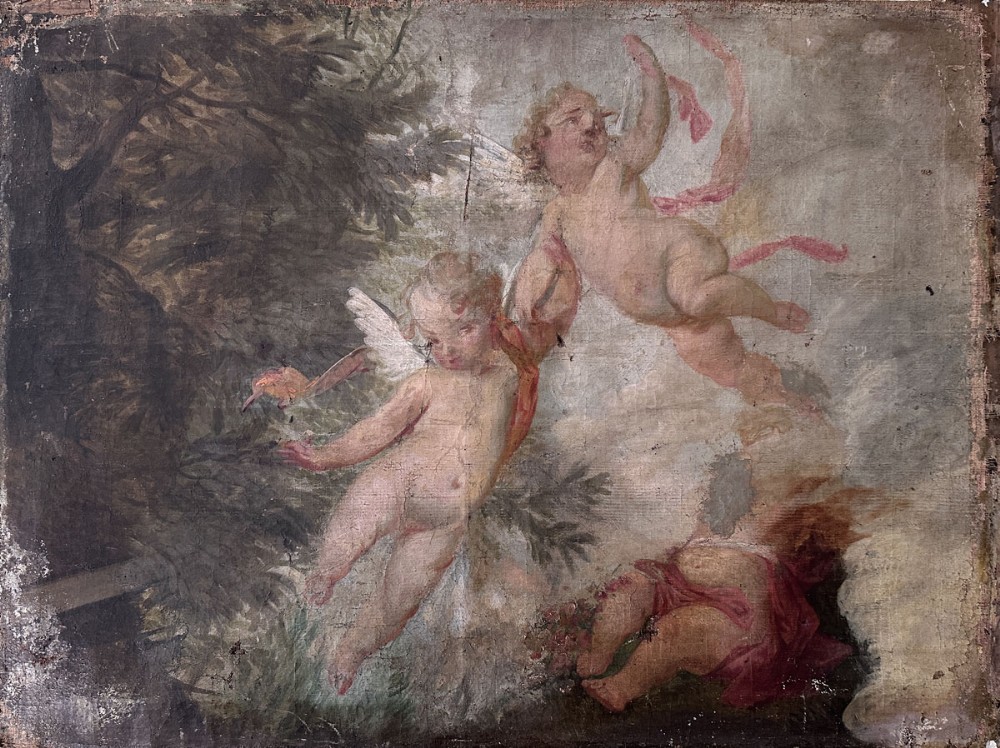 An 18th-century oil painting on canvas depicting floating winged cherubs draped in ribbons against clouds and foliage.