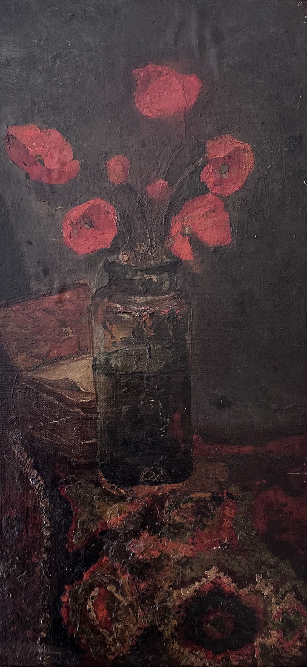 A dark still life oil painting featuring vibrant red poppies in a glass jar alongside a wooden box on a textured surface.