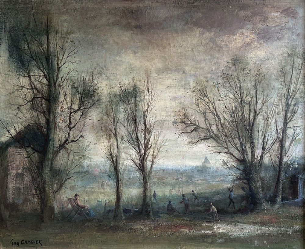An oil painting depicting a muted winter park landscape with bare trees and distant figures under an overcast grey sky.