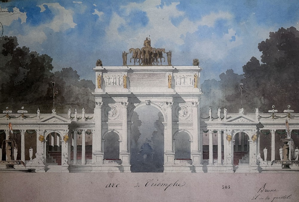 An antique architectural elevation drawing depicting a neoclassical triumphal arch flanked by colonnades, rendered in ink and watercolour on paper against a blue sky background.