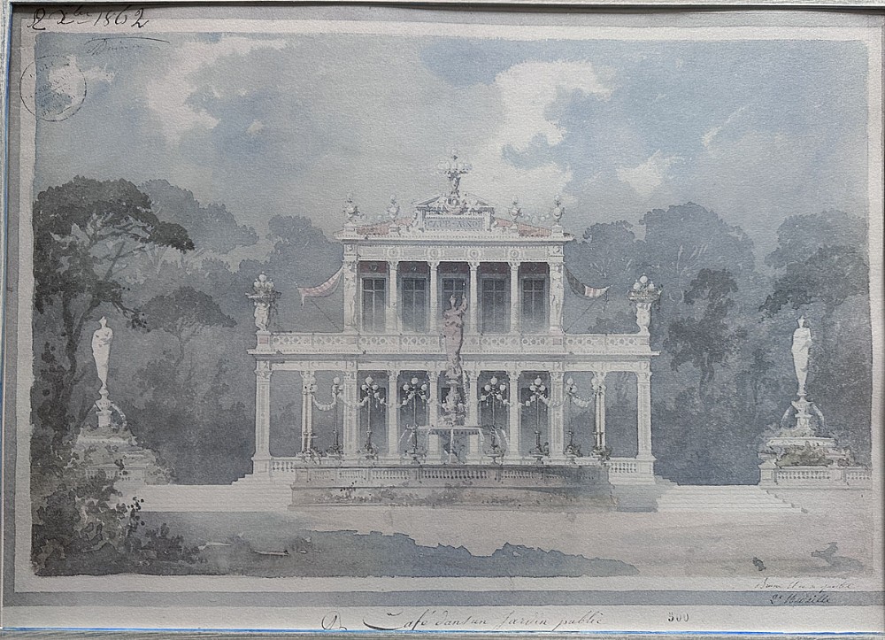 A 19th-century architectural elevation drawing on paper depicting a garden pavilion with columns, fountains, and surrounding trees in grey tones.