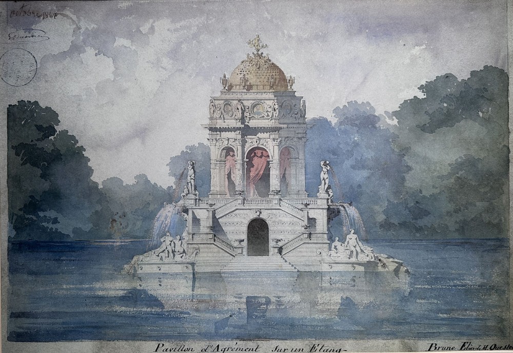 A 19th-century French architectural elevation drawing depicting an elaborate domed pavilion situated in a lake with cascading fountains and sculptured staircases.