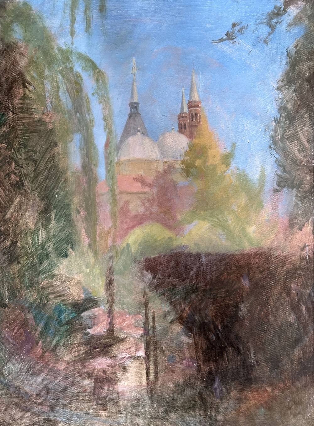 An antique oil painting depicting the spires and domes of Padua Cathedral seen through soft green and brown foliage beneath a blue sky.