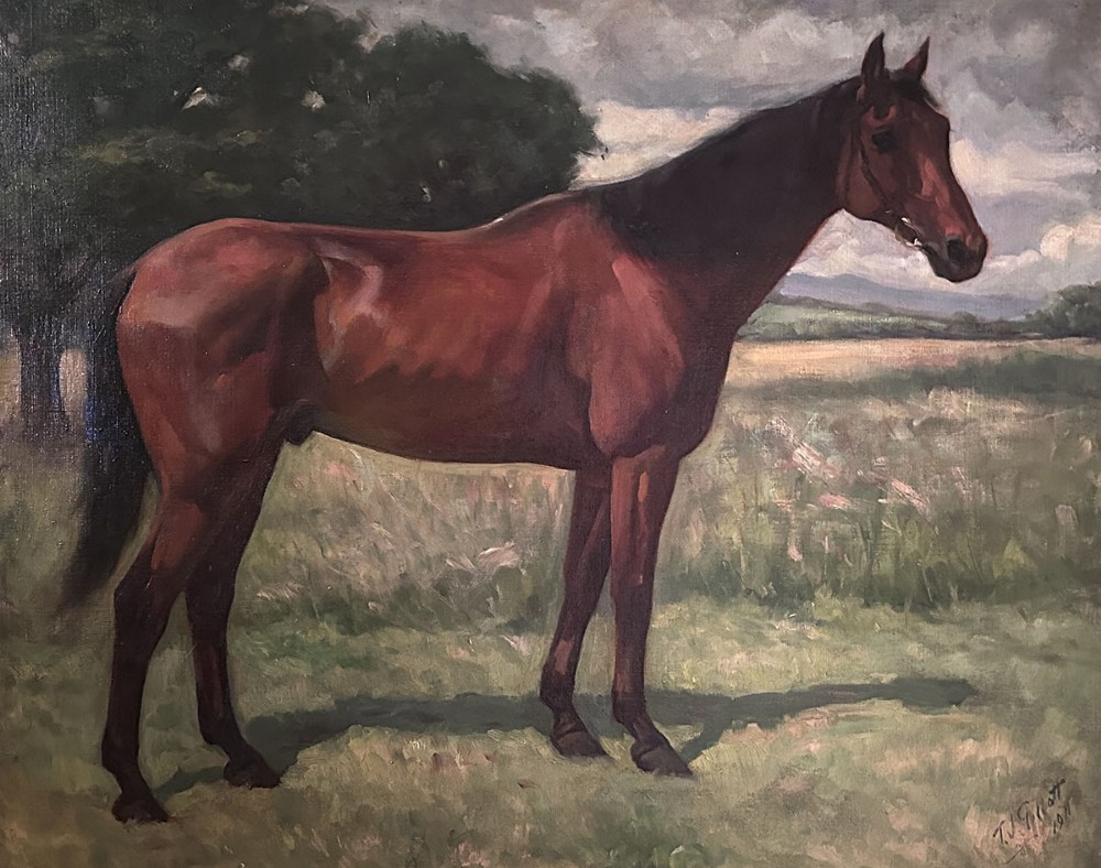 An antique oil painting depicting a profile view of a bay racehorse standing in a grassy field under a cloudy sky.