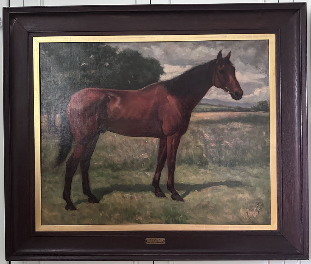 An antique oil painting depicting a profile view of a bay racehorse standing in a grassy field under a cloudy sky. View II