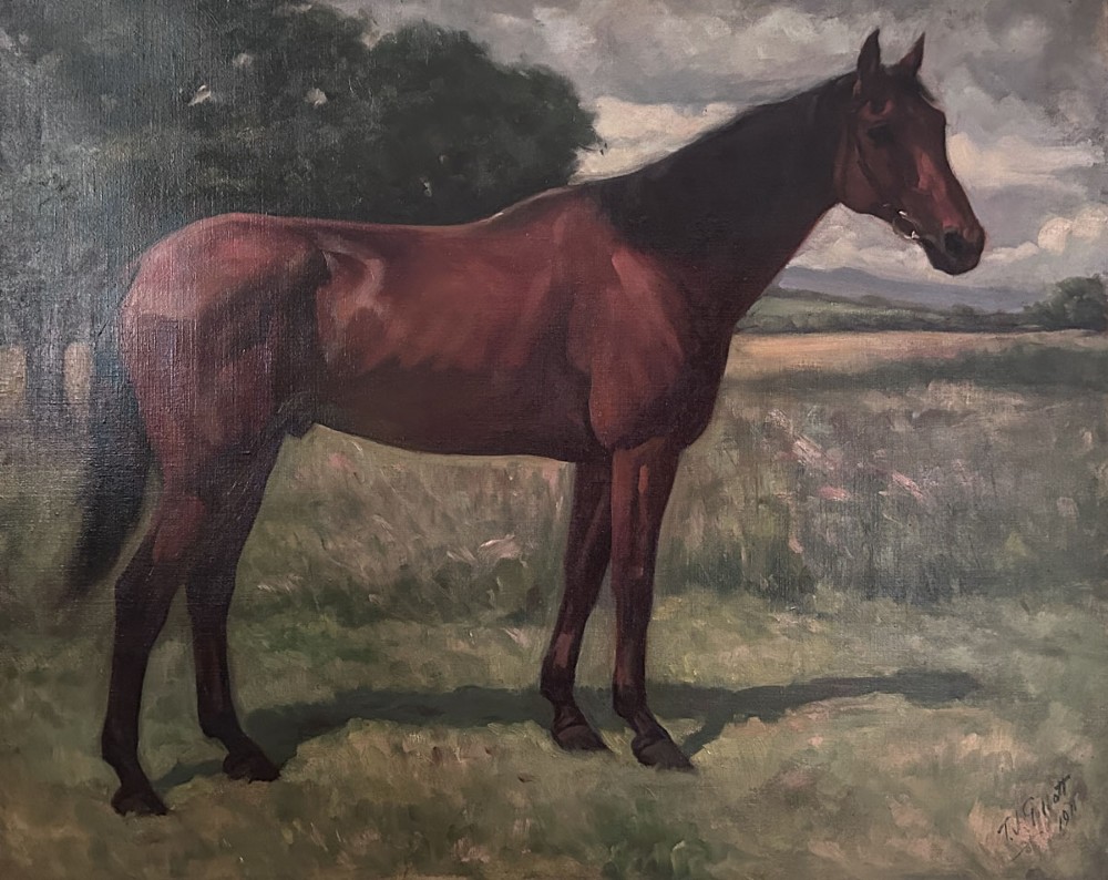 An antique oil painting depicting a profile view of a bay racehorse standing in a grassy field under a cloudy sky. View III